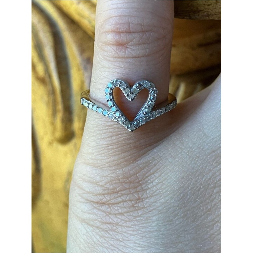 Natural White Diamond Sterling Silver Heart Ring Size 5